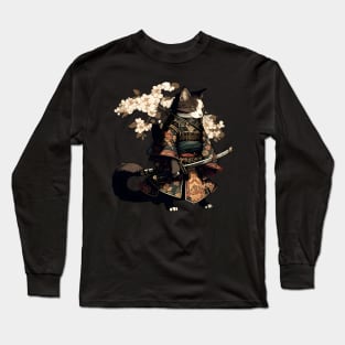 Cat Samurai Katana Sword And Japanese Kanji Long Sleeve T-Shirt